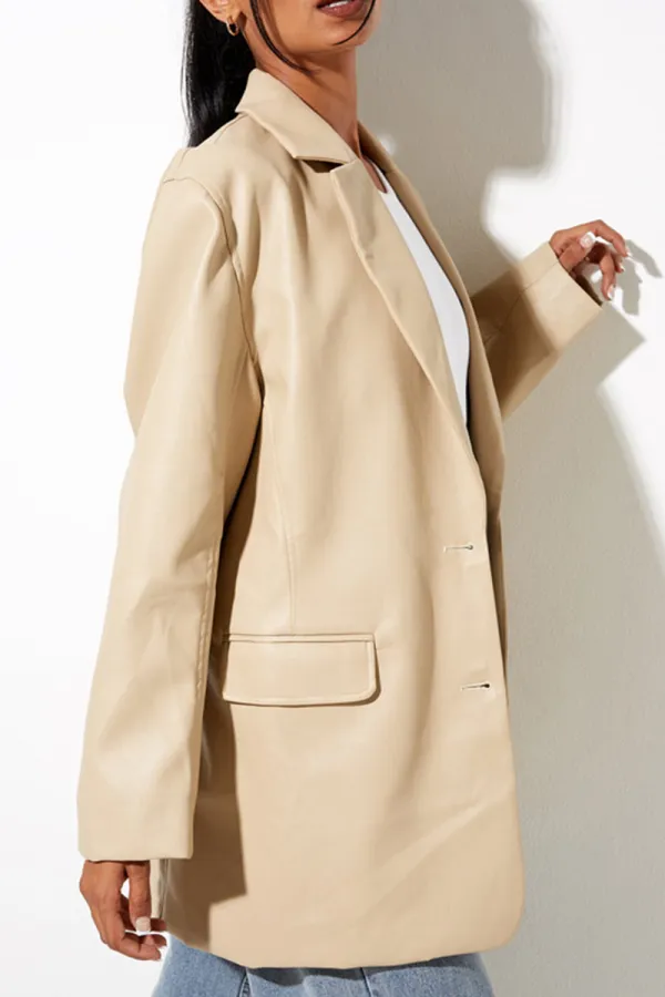 Bjlxn - Black Fashion Elegant Solid Pocket Buckle Turn-back Collar Outerwear