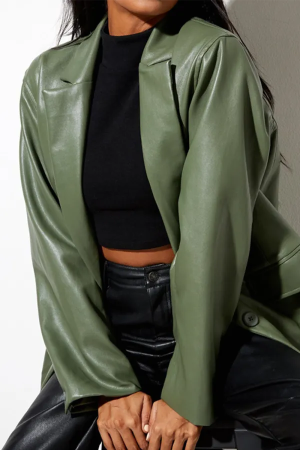 Bjlxn - Black Fashion Elegant Solid Pocket Buckle Turn-back Collar Outerwear