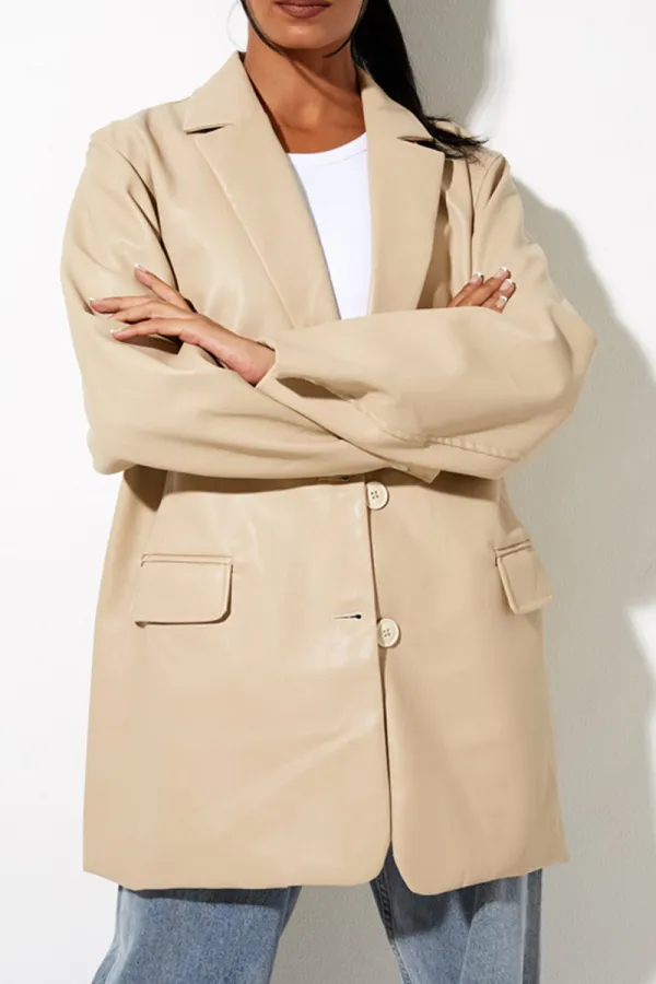 Bjlxn - Black Fashion Elegant Solid Pocket Buckle Turn-back Collar Outerwear