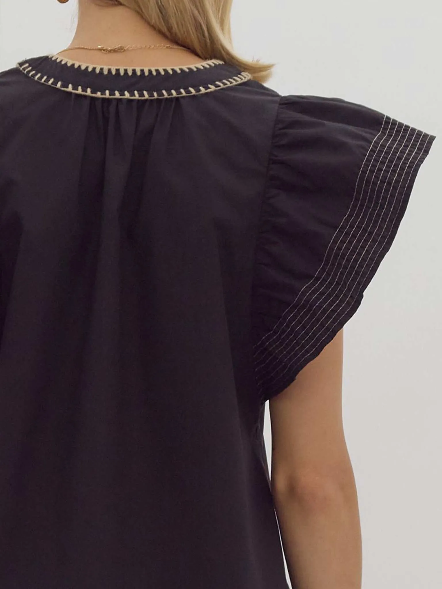 Black Contrast Stitch Ruffle Sleeve Top