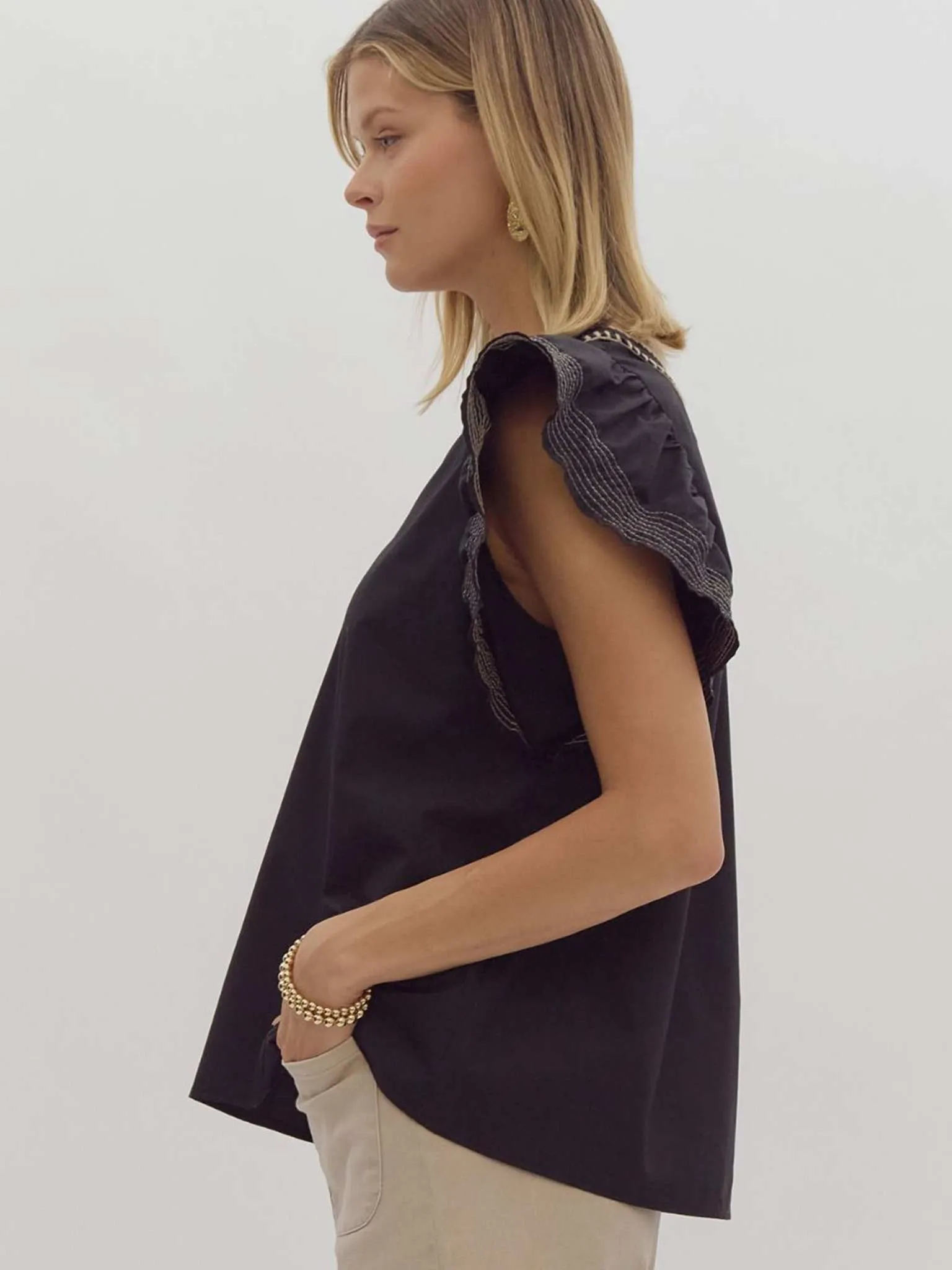 Black Contrast Stitch Ruffle Sleeve Top