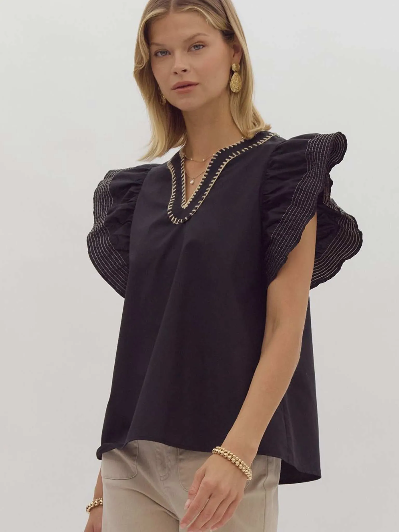 Black Contrast Stitch Ruffle Sleeve Top