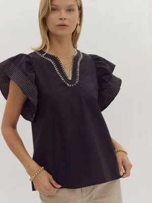 Black Contrast Stitch Ruffle Sleeve Top