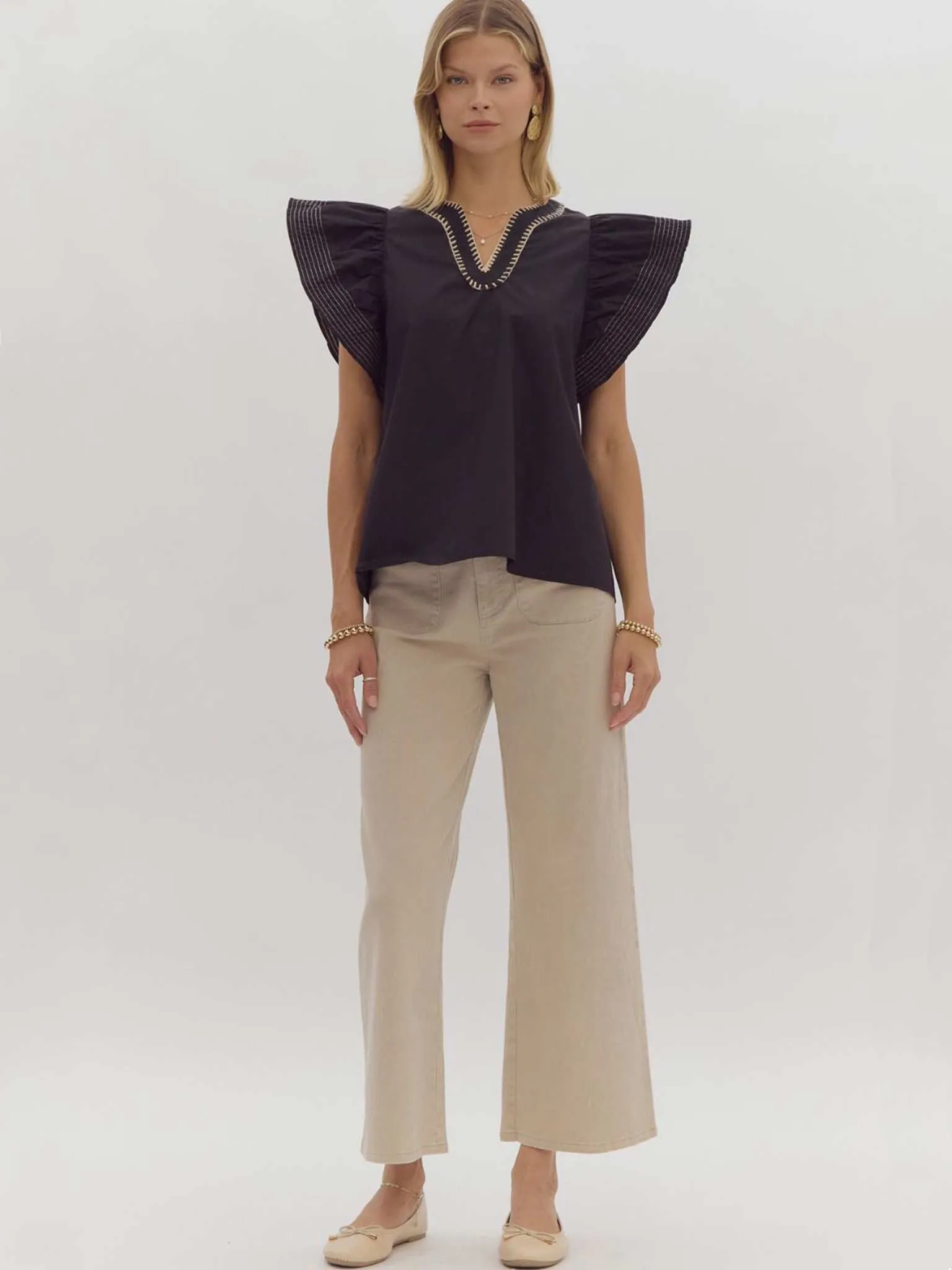 Black Contrast Stitch Ruffle Sleeve Top