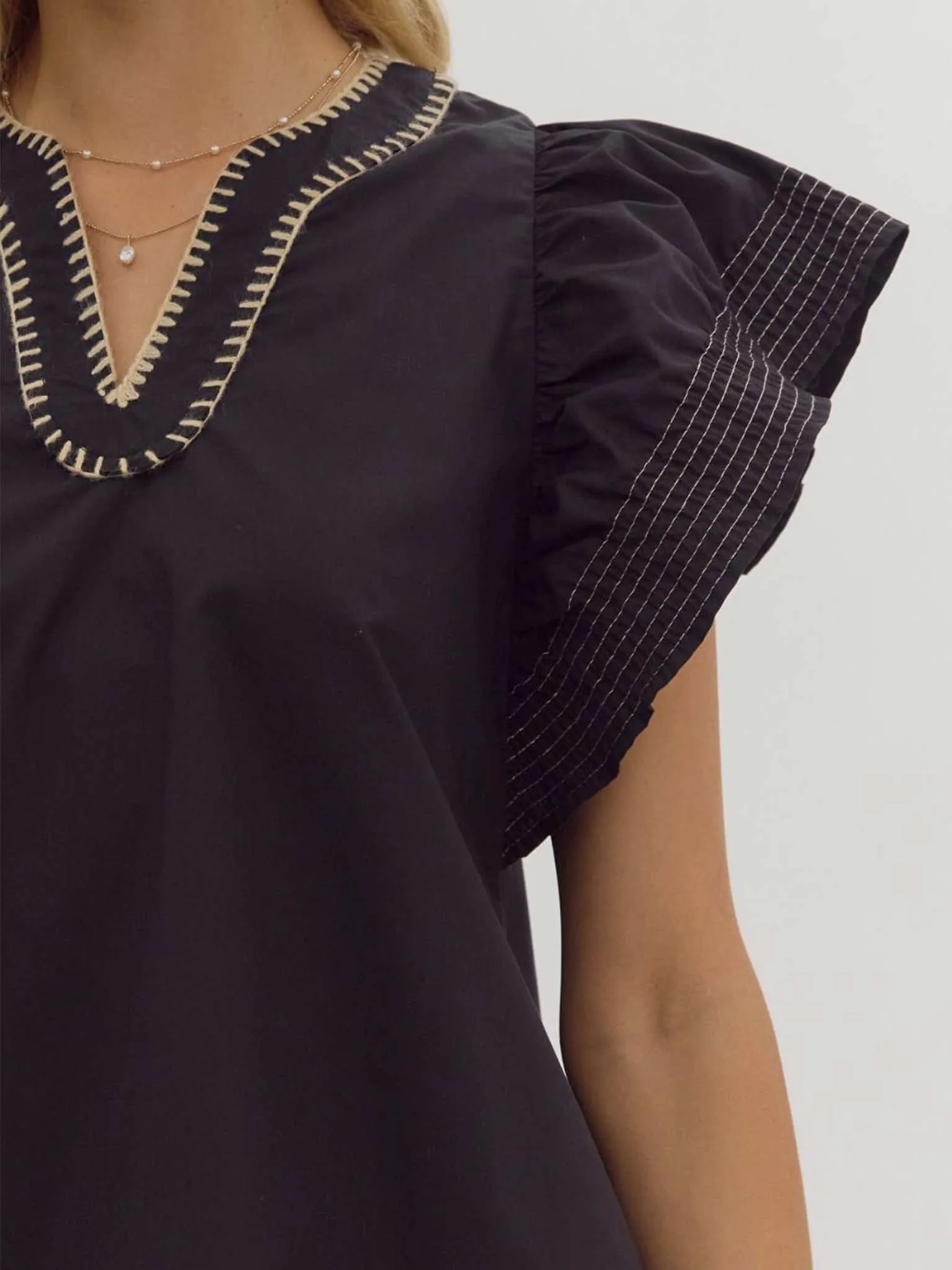 Black Contrast Stitch Ruffle Sleeve Top