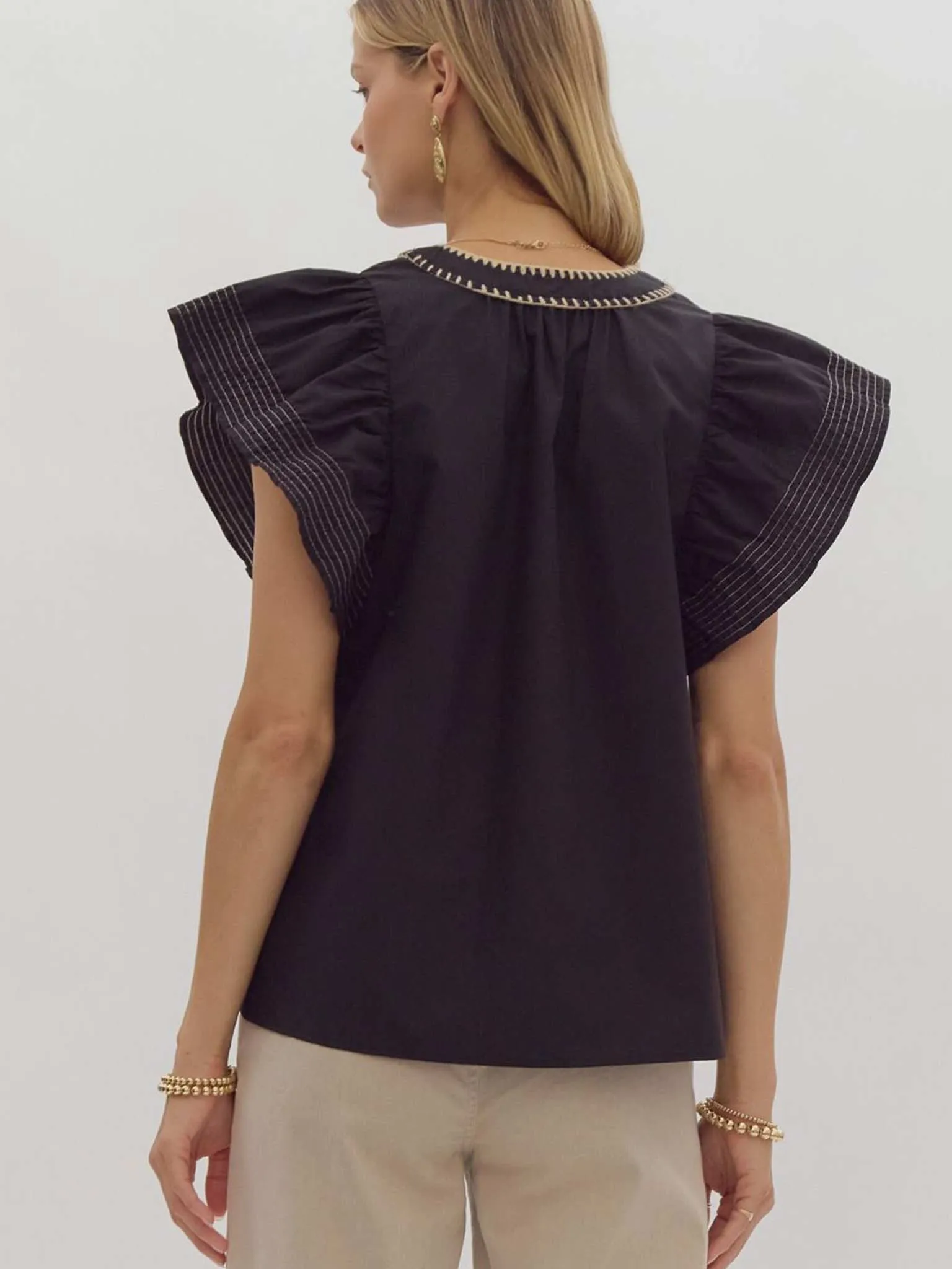 Black Contrast Stitch Ruffle Sleeve Top