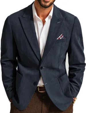 Blazer for Men Vintage Corduroy Jacket Peak Lapel Business Two Buttons Casual Sport Coats Navy Blue
