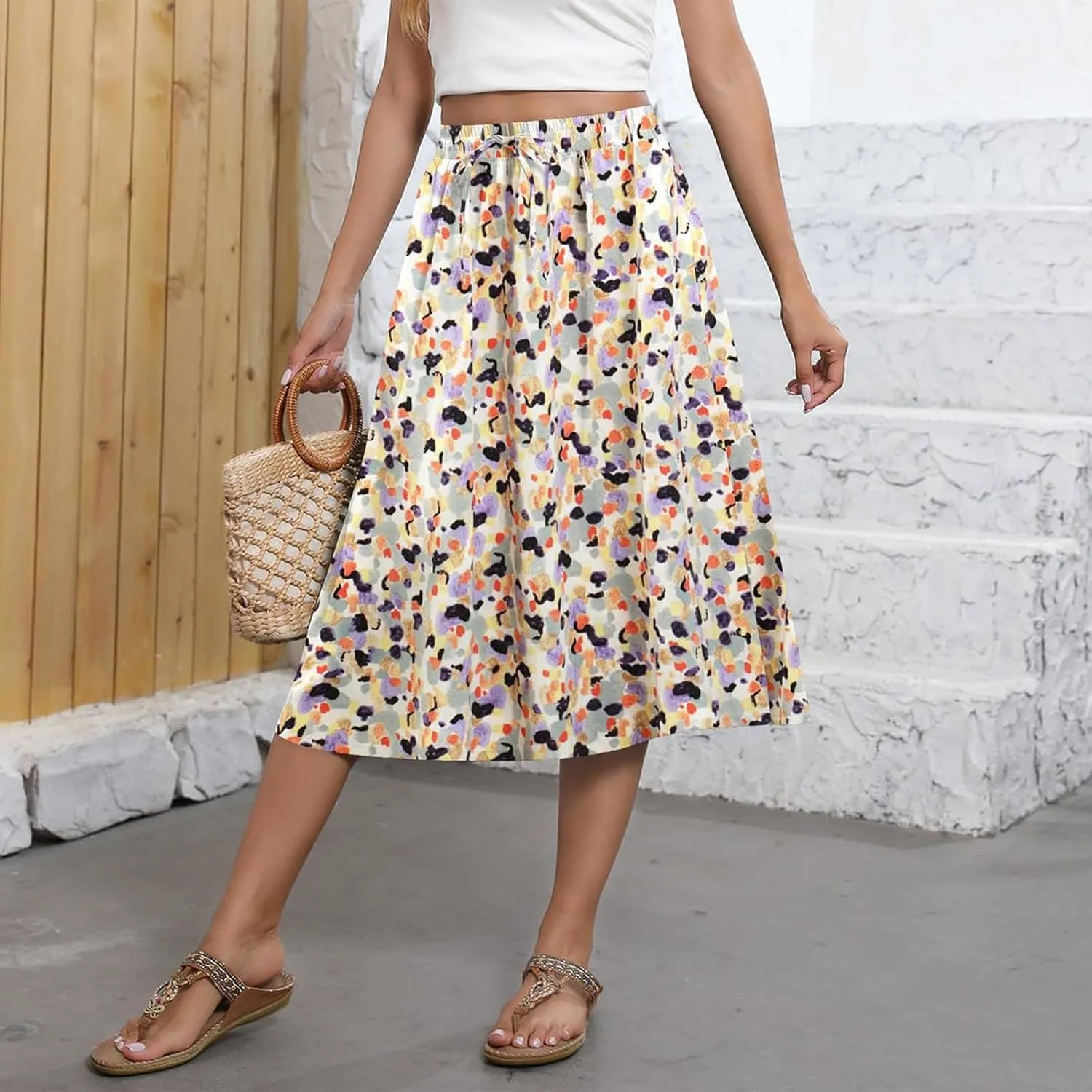 Boho Skirts for Women Midi Length High Waisted Pleated Flowy Skirt Floral Casual Stretch Beach A Line Skirt w/Pockets
