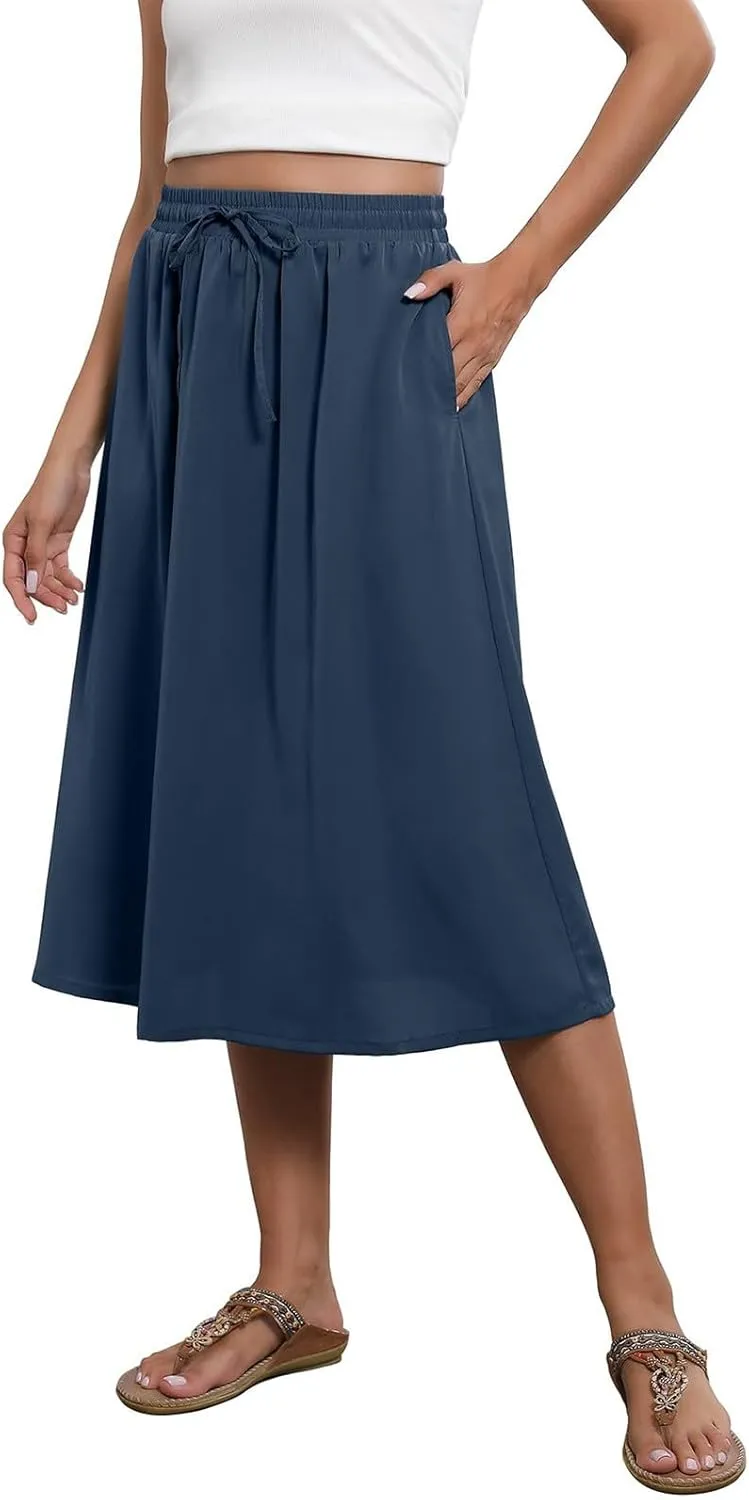 Boho Skirts for Women Midi Length High Waisted Pleated Flowy Skirt Floral Casual Stretch Beach A Line Skirt w/Pockets