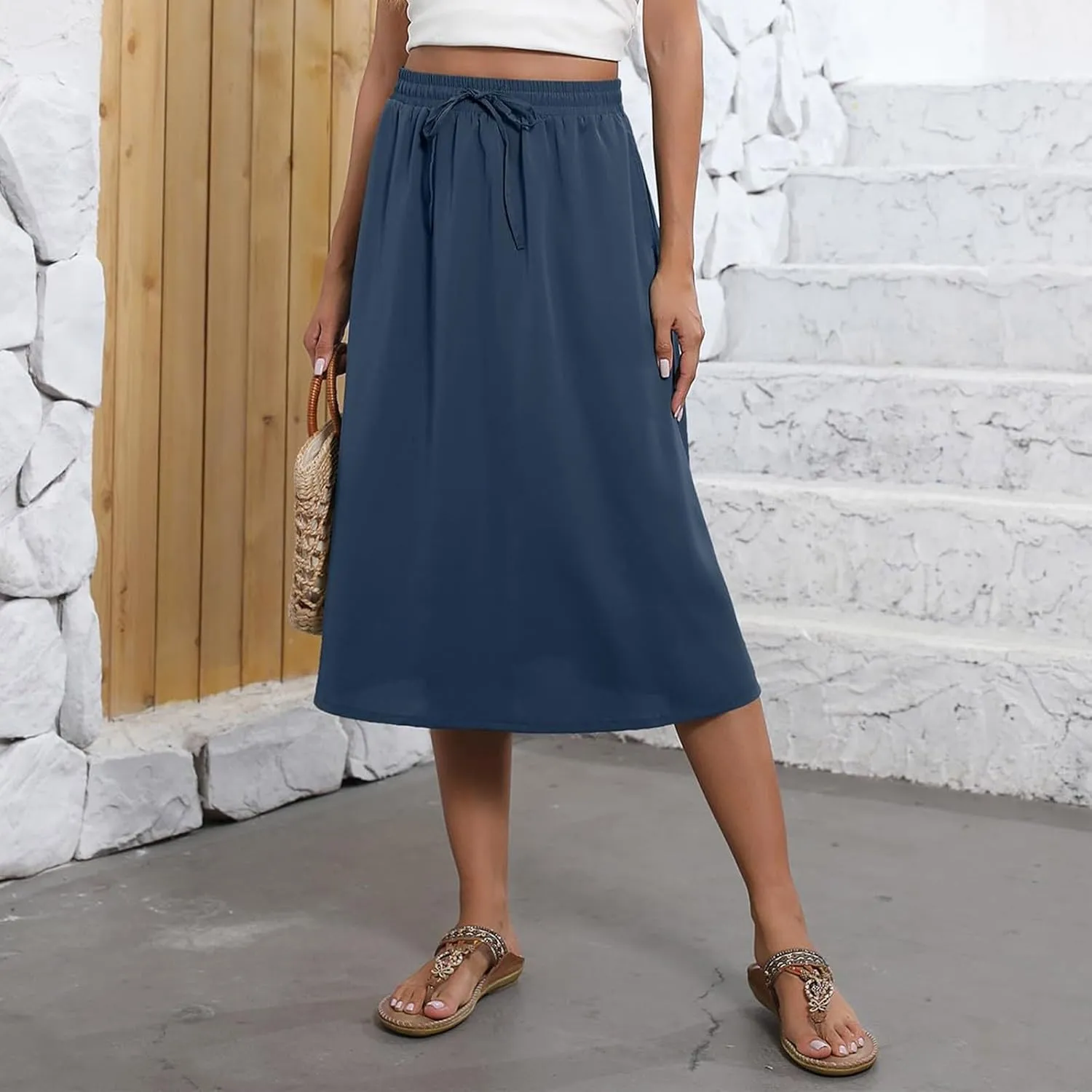 Boho Skirts for Women Midi Length High Waisted Pleated Flowy Skirt Floral Casual Stretch Beach A Line Skirt w/Pockets