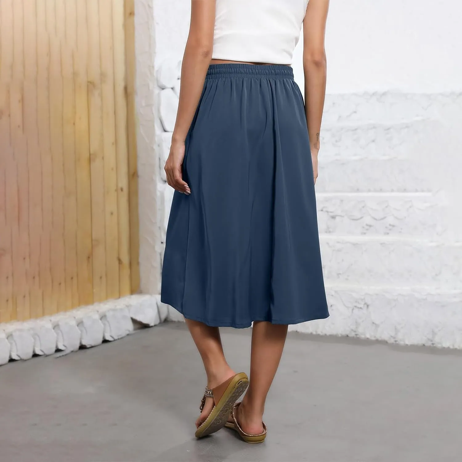 Boho Skirts for Women Midi Length High Waisted Pleated Flowy Skirt Floral Casual Stretch Beach A Line Skirt w/Pockets