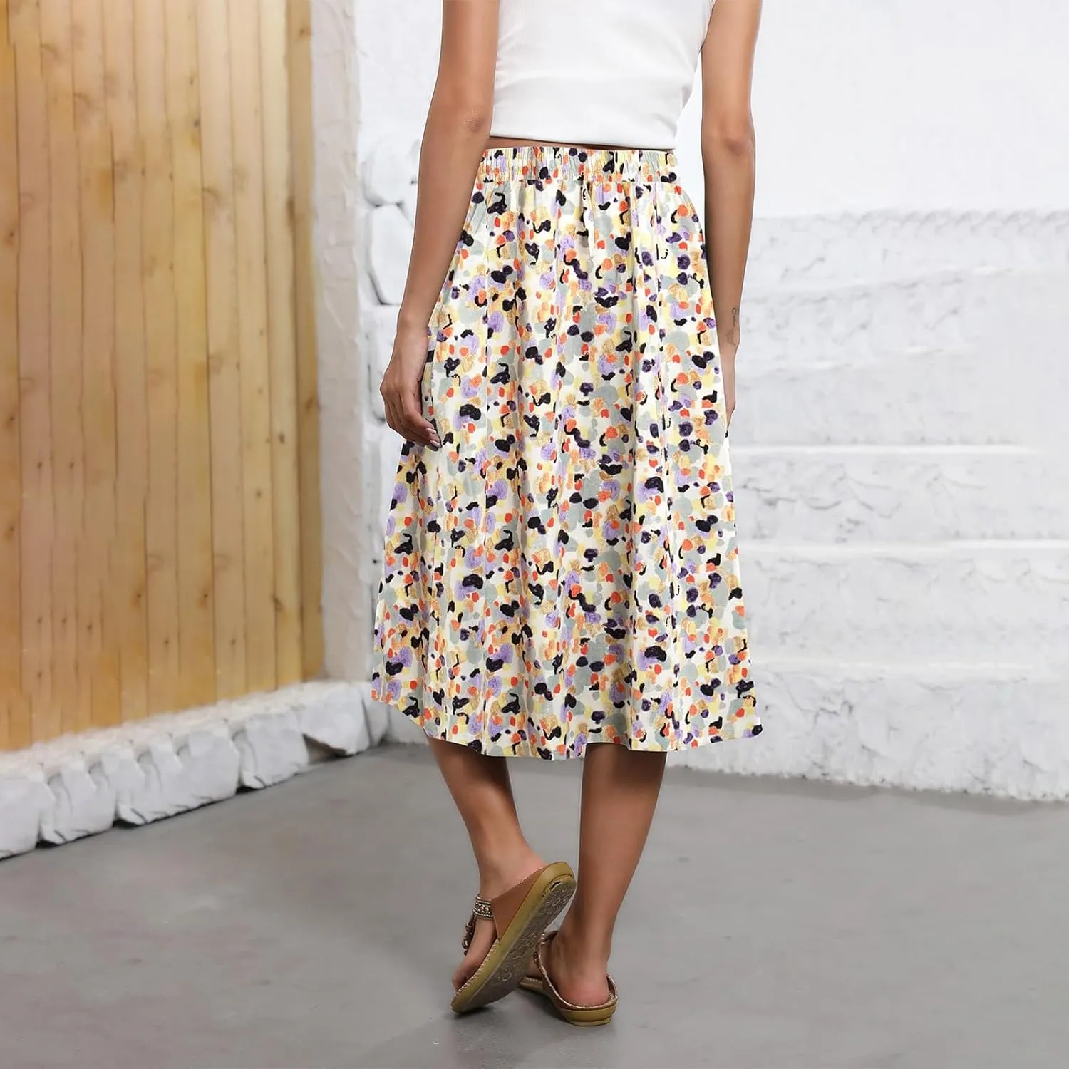 Boho Skirts for Women Midi Length High Waisted Pleated Flowy Skirt Floral Casual Stretch Beach A Line Skirt w/Pockets