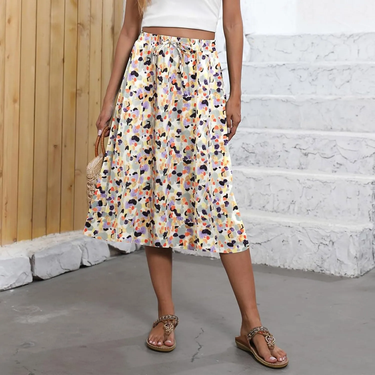 Boho Skirts for Women Midi Length High Waisted Pleated Flowy Skirt Floral Casual Stretch Beach A Line Skirt w/Pockets