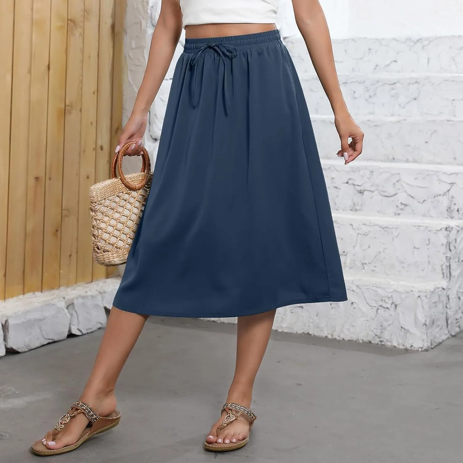 Boho Skirts for Women Midi Length High Waisted Pleated Flowy Skirt Floral Casual Stretch Beach A Line Skirt w/Pockets