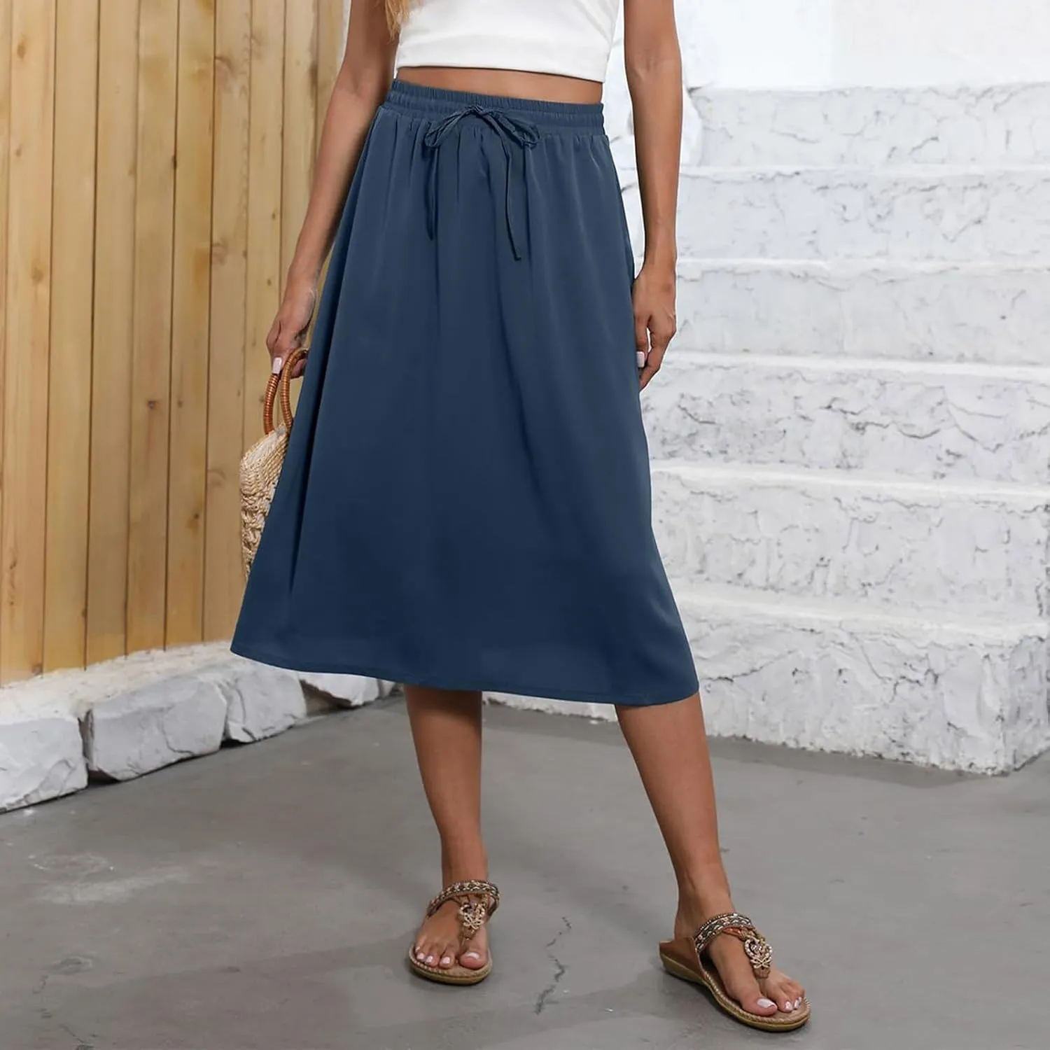 Boho Skirts for Women Midi Length High Waisted Pleated Flowy Skirt Floral Casual Stretch Beach A Line Skirt w/Pockets
