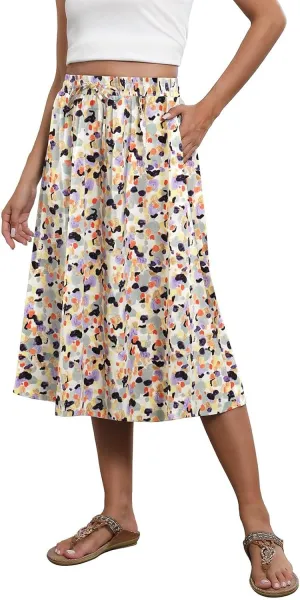Boho Skirts for Women Midi Length High Waisted Pleated Flowy Skirt Floral Casual Stretch Beach A Line Skirt w/Pockets