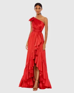 Bow one-shoulder ruffle asymmetrical hem gown - Red