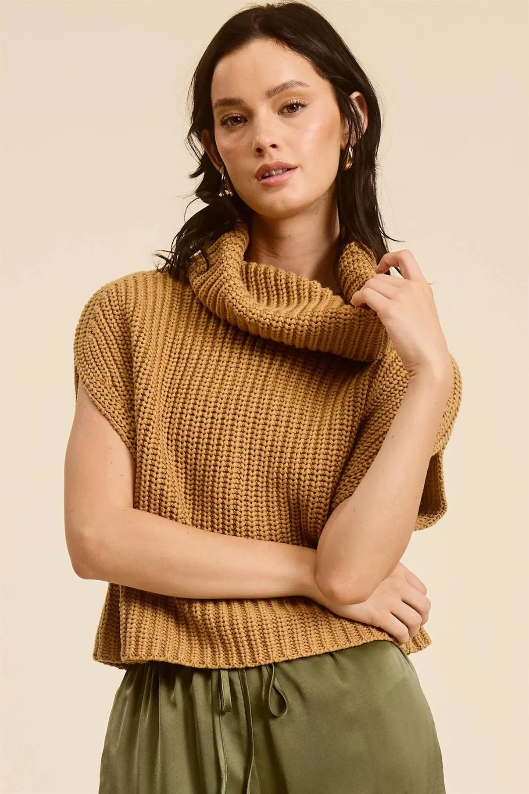 Brittany Cowl-Neck Ribbed Knit Sweater - Camel