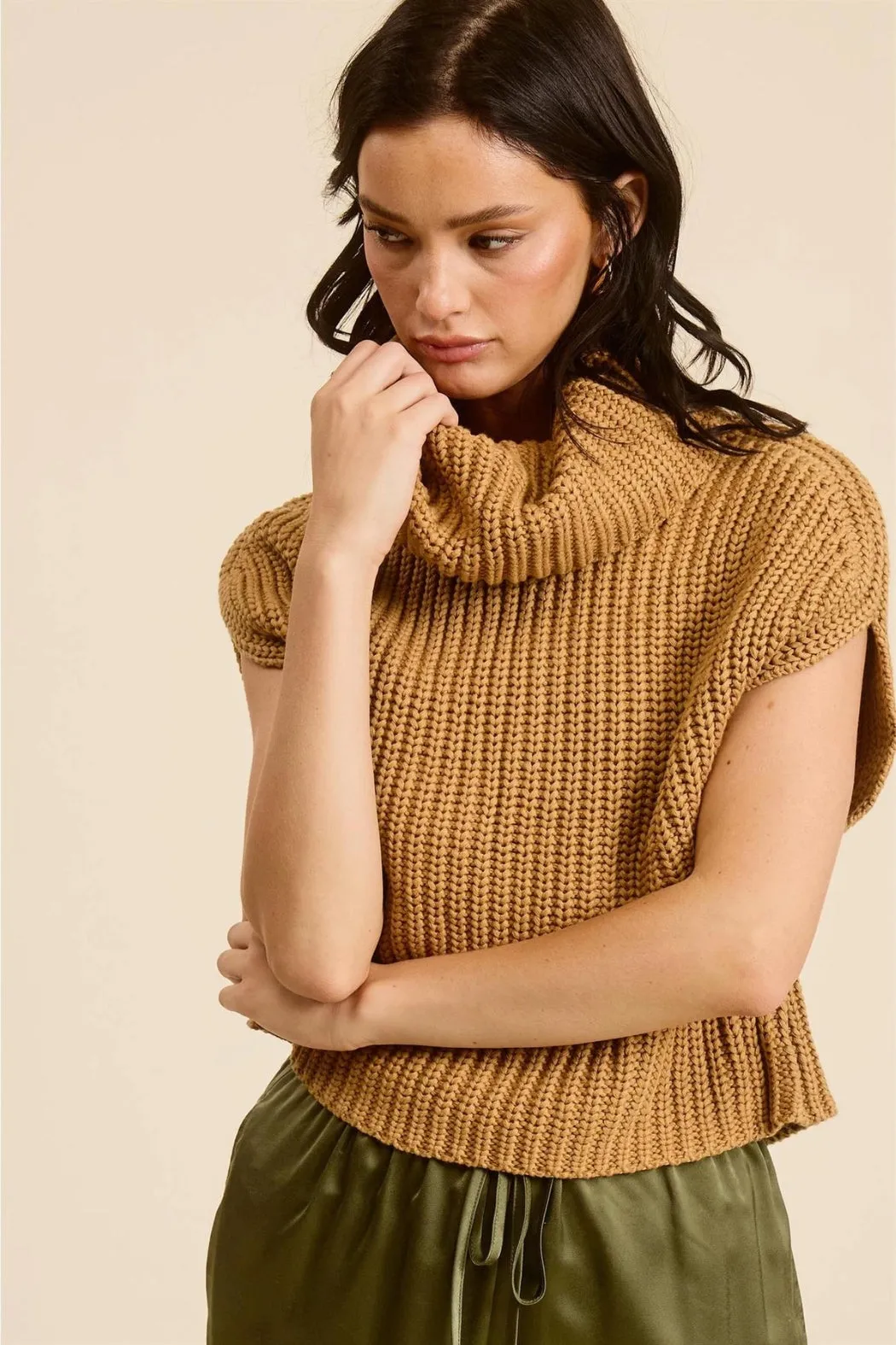 Brittany Cowl-Neck Ribbed Knit Sweater - Camel
