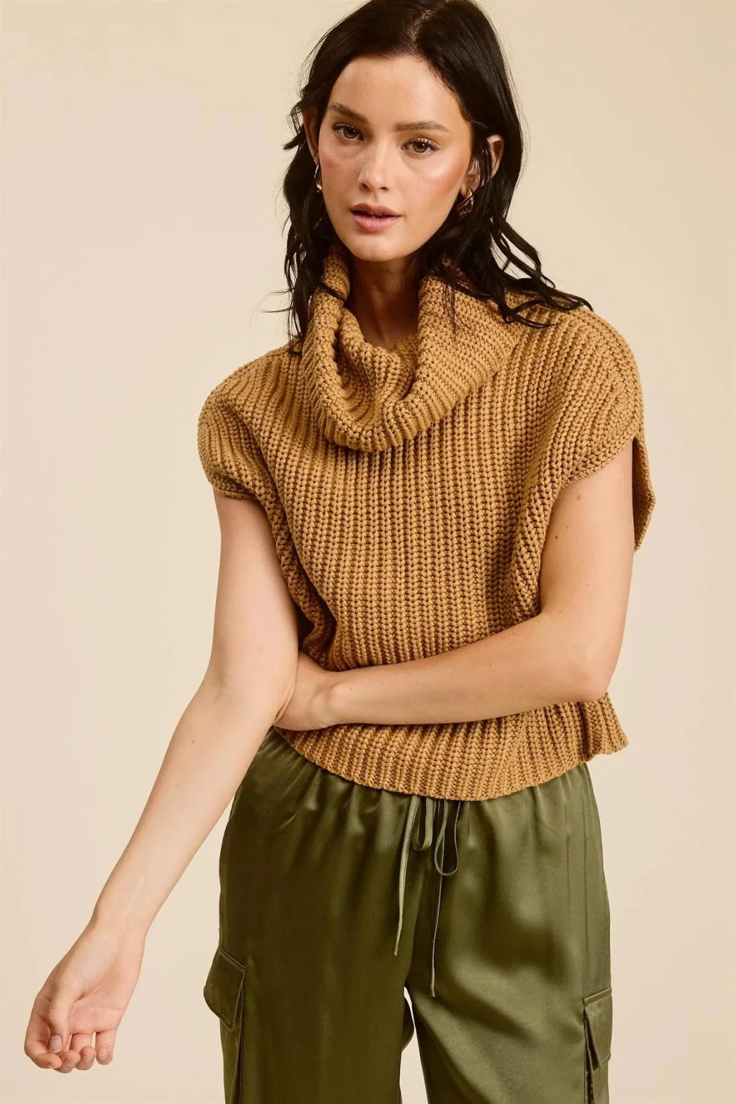 Brittany Cowl-Neck Ribbed Knit Sweater - Camel