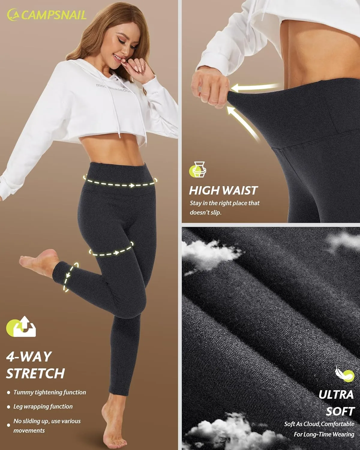 CAMPSNAIL Fleece Lined Leggings Women - Thick Soft High Waisted Black Tummy Control Thermal Warm Velvet Pants for Cold Winter