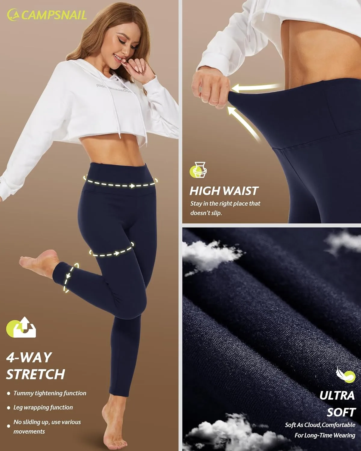 CAMPSNAIL Fleece Lined Leggings Women - Thick Soft High Waisted Black Tummy Control Thermal Warm Velvet Pants for Cold Winter