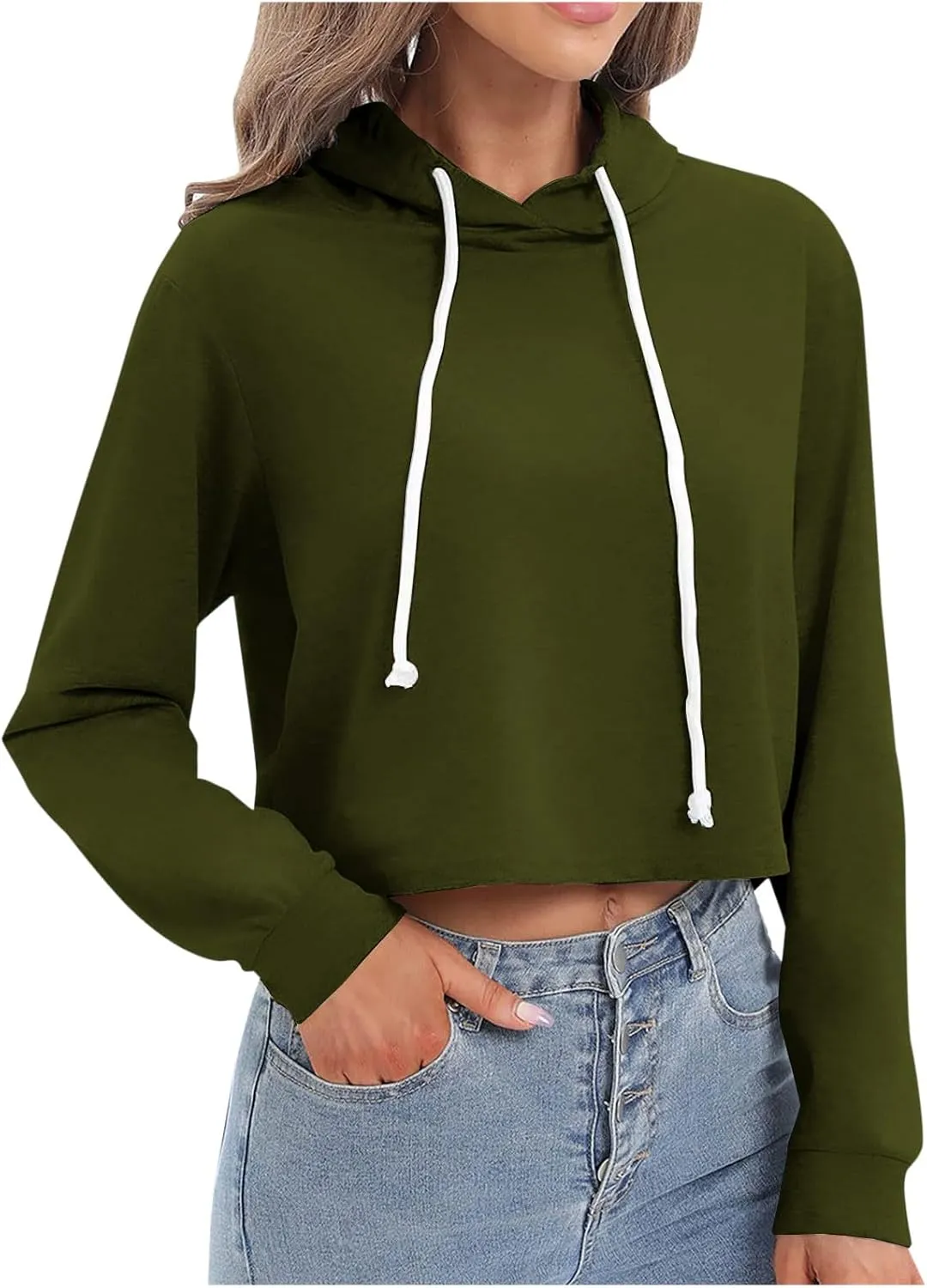 Ceboyel Women Cropped Hoodie Drawstring Pullover Sweatshirt Long Sleeve Workout Tops Trendy Y2k Teen Girls Clothes