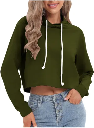 Ceboyel Women Cropped Hoodie Drawstring Pullover Sweatshirt Long Sleeve Workout Tops Trendy Y2k Teen Girls Clothes