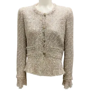 Chanel Blush / Gold 2005 Fringed CC Logo Button Tweed Jacket