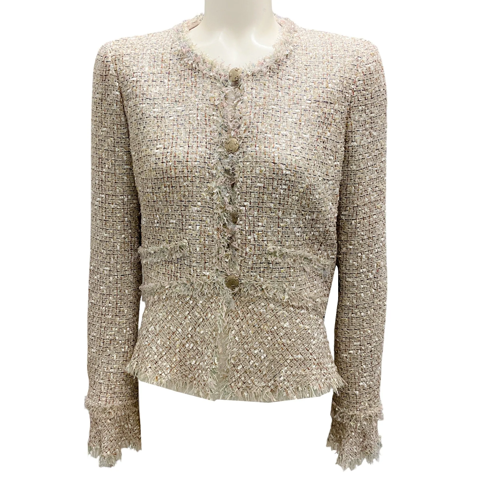Chanel Blush / Gold 2005 Fringed CC Logo Button Tweed Jacket