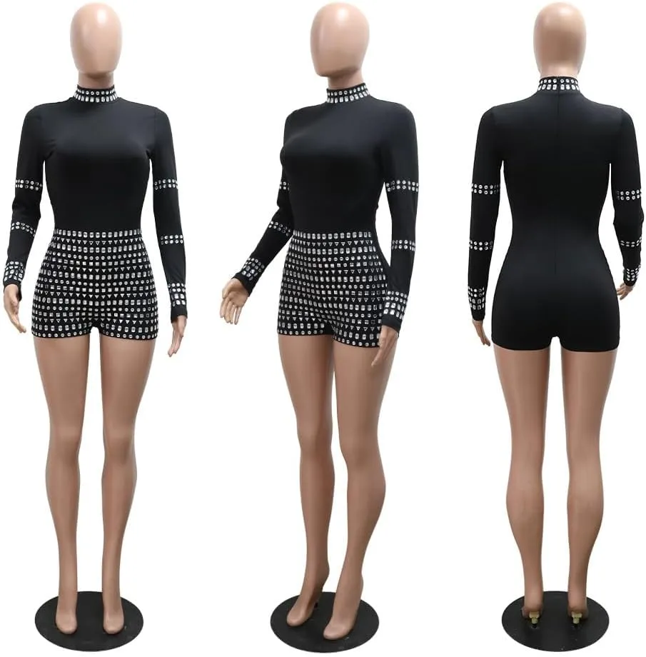 chicyes Jumpsuits For Women Sexy Long Sleeve Bodycon Club Rompers Rhinestone Sparkly Party Outfits