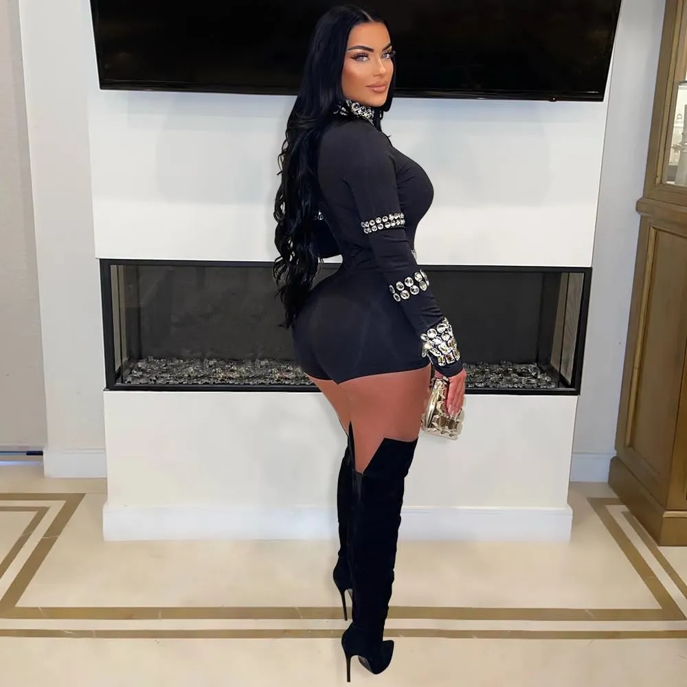 chicyes Jumpsuits For Women Sexy Long Sleeve Bodycon Club Rompers Rhinestone Sparkly Party Outfits