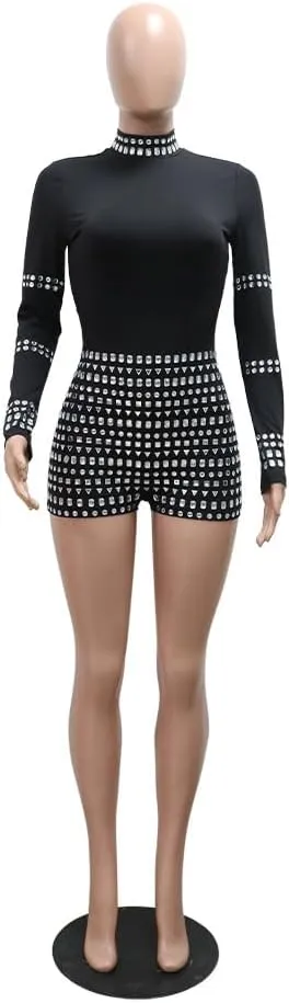 chicyes Jumpsuits For Women Sexy Long Sleeve Bodycon Club Rompers Rhinestone Sparkly Party Outfits