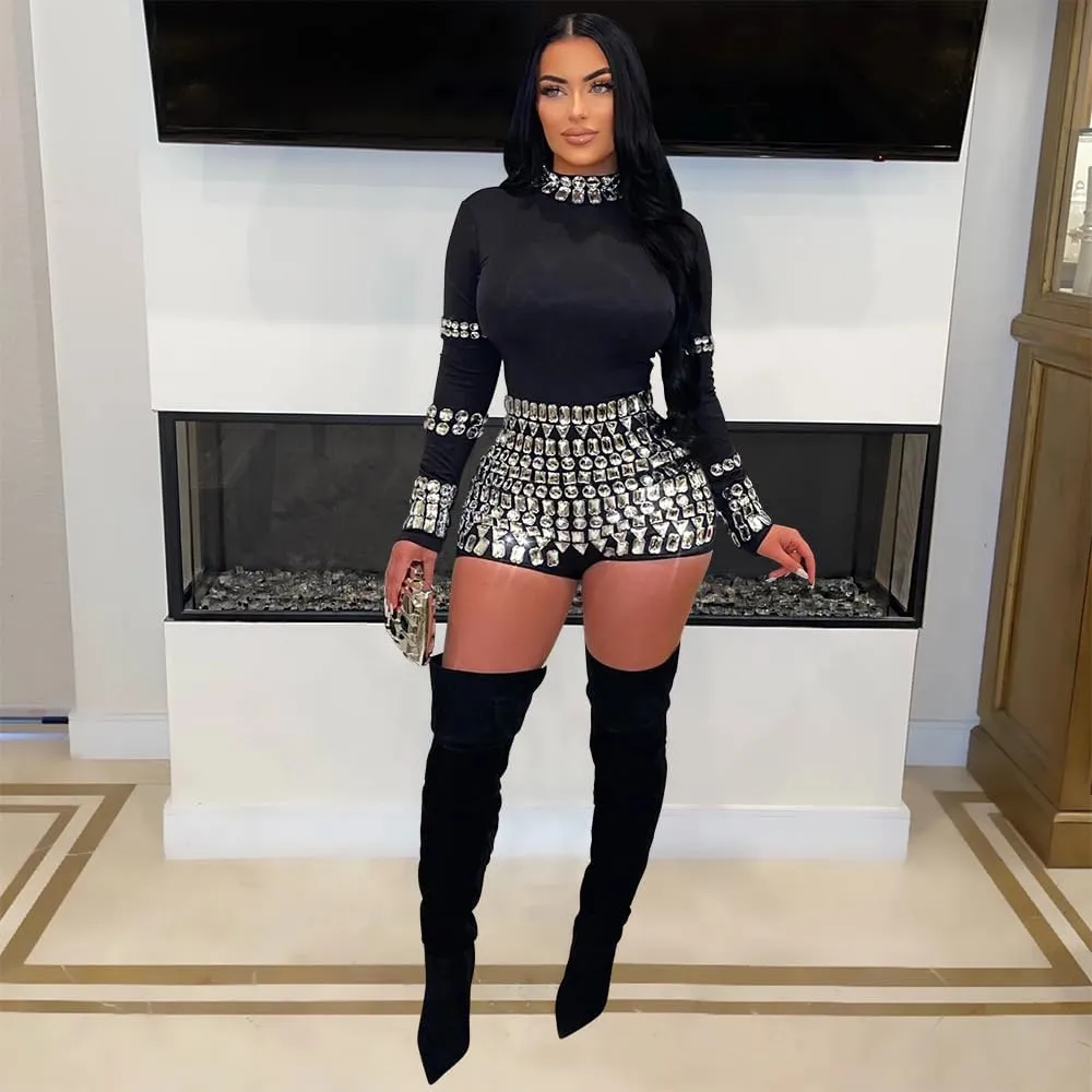 chicyes Jumpsuits For Women Sexy Long Sleeve Bodycon Club Rompers Rhinestone Sparkly Party Outfits