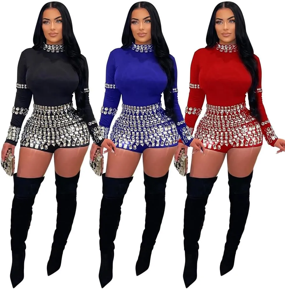 chicyes Jumpsuits For Women Sexy Long Sleeve Bodycon Club Rompers Rhinestone Sparkly Party Outfits