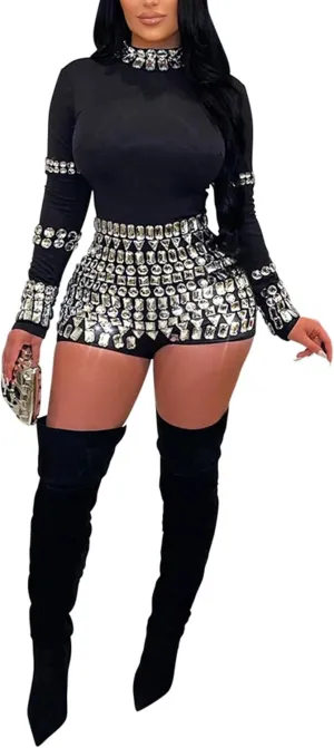 chicyes Jumpsuits For Women Sexy Long Sleeve Bodycon Club Rompers Rhinestone Sparkly Party Outfits
