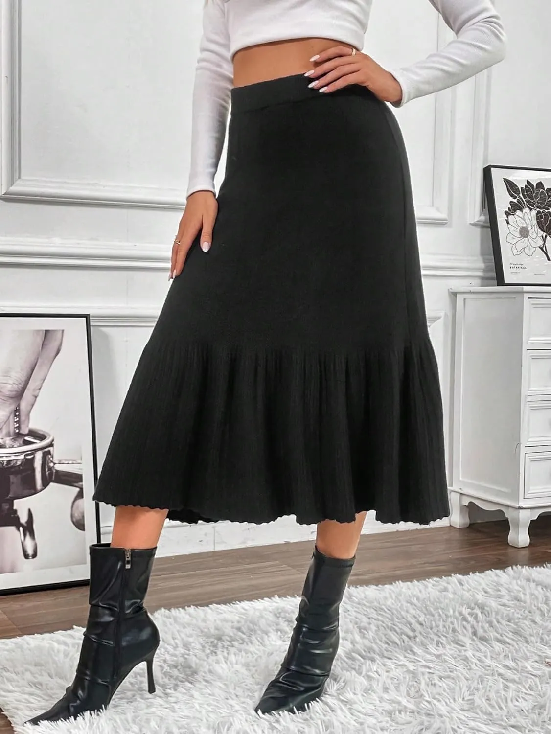 chouyatou Women's Elegant Ruffle Hem Pleated Knit Skirt High Elastic Waist A-Line Midi Long Skirt