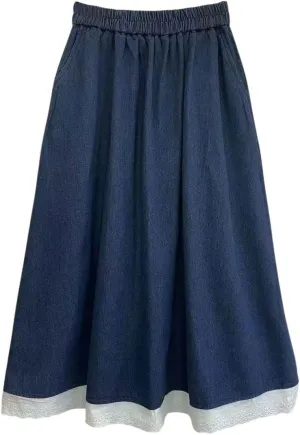 chouyatou Women's Eyelet Embroidery Ruffle Hem Denim Skirt Elastic Waist Pleated Swing Jean Midi Long Skirt