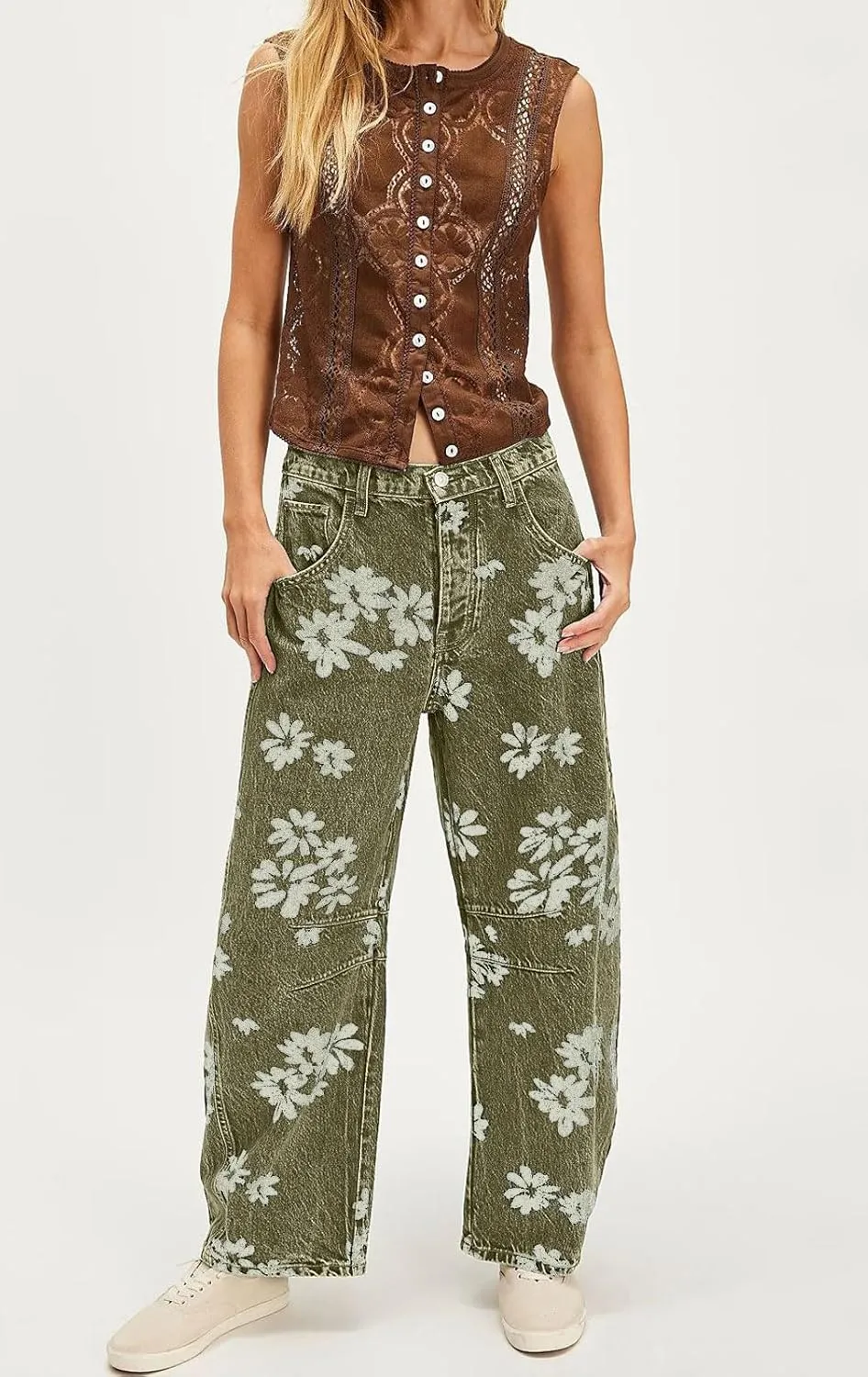 chouyatou Women's Y2k Baggy Wide Leg Denim Pants Boho Floral Printed Boyfriend Barrel Jeans with Pockets