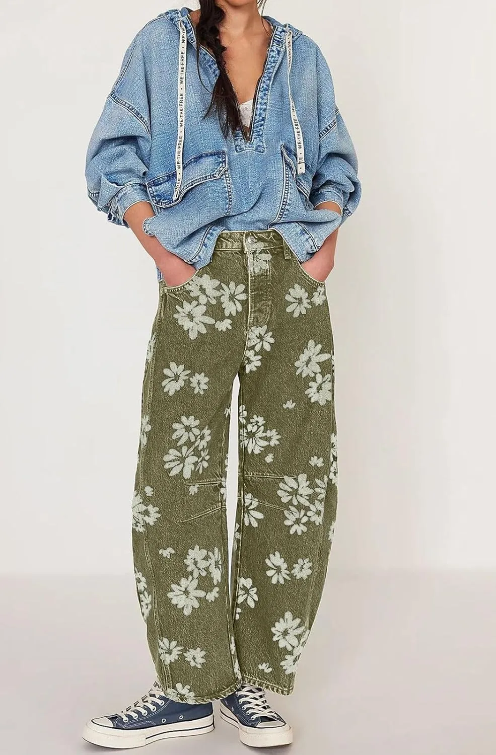 chouyatou Women's Y2k Baggy Wide Leg Denim Pants Boho Floral Printed Boyfriend Barrel Jeans with Pockets