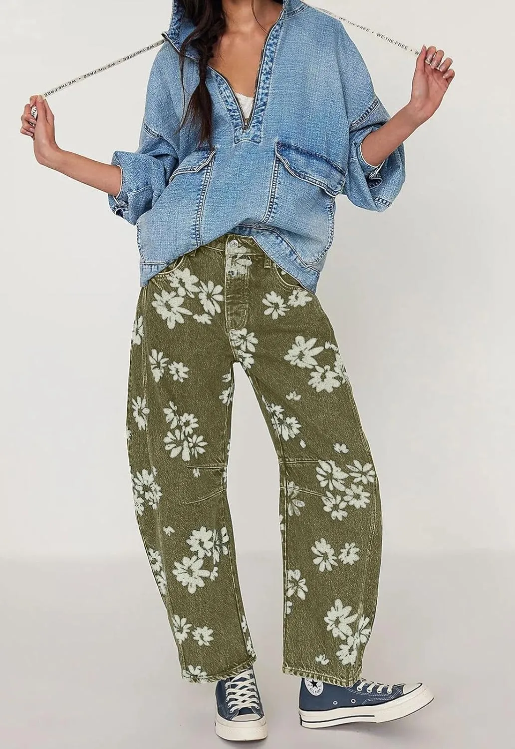 chouyatou Women's Y2k Baggy Wide Leg Denim Pants Boho Floral Printed Boyfriend Barrel Jeans with Pockets