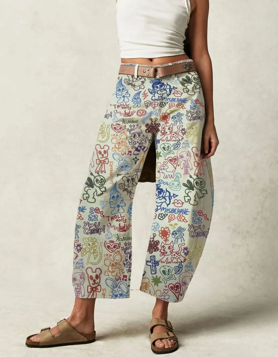 chouyatou Women's Y2k Baggy Wide Leg Denim Pants Boho Floral Printed Boyfriend Barrel Jeans with Pockets