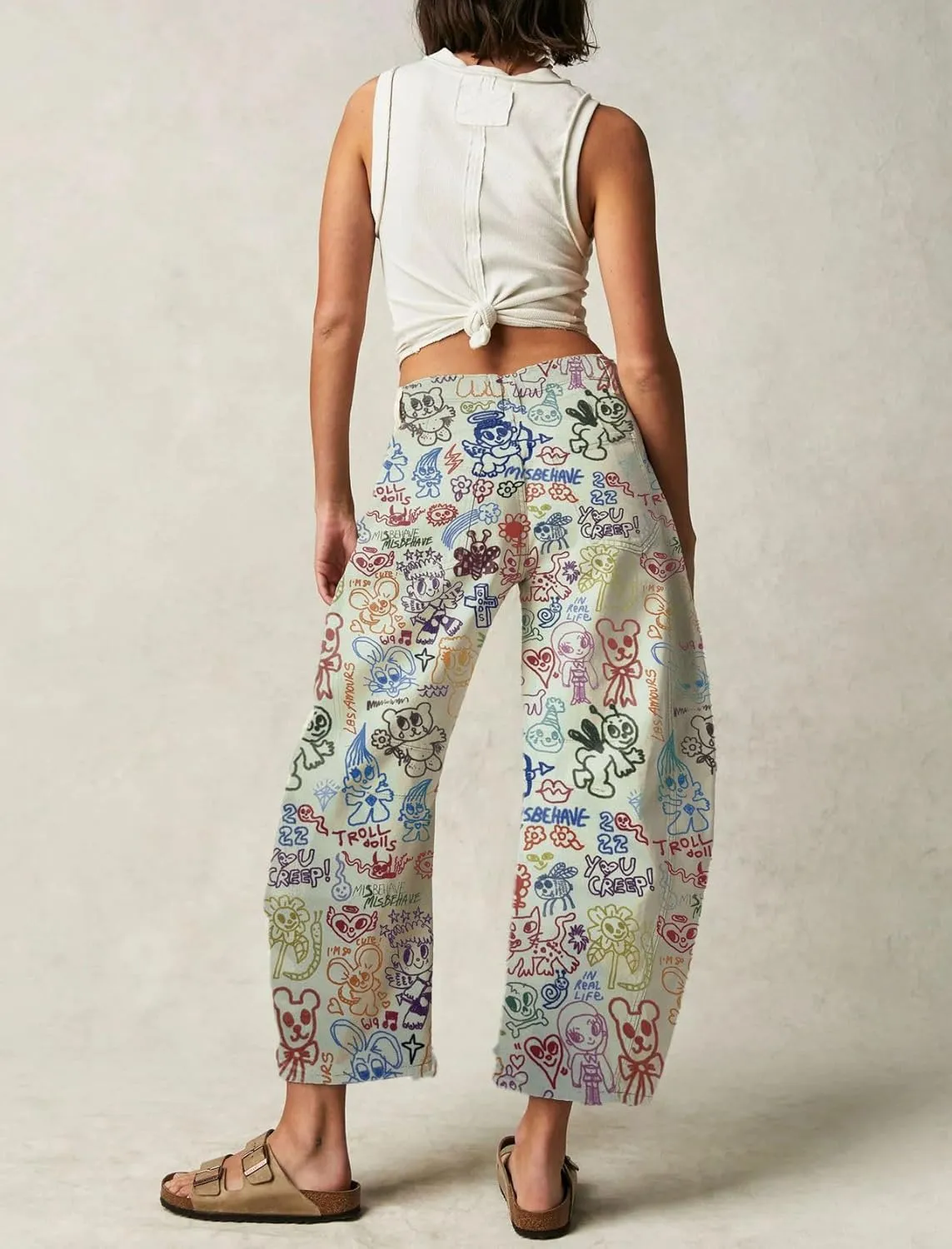 chouyatou Women's Y2k Baggy Wide Leg Denim Pants Boho Floral Printed Boyfriend Barrel Jeans with Pockets