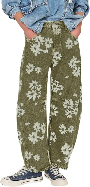 chouyatou Women's Y2k Baggy Wide Leg Denim Pants Boho Floral Printed Boyfriend Barrel Jeans with Pockets