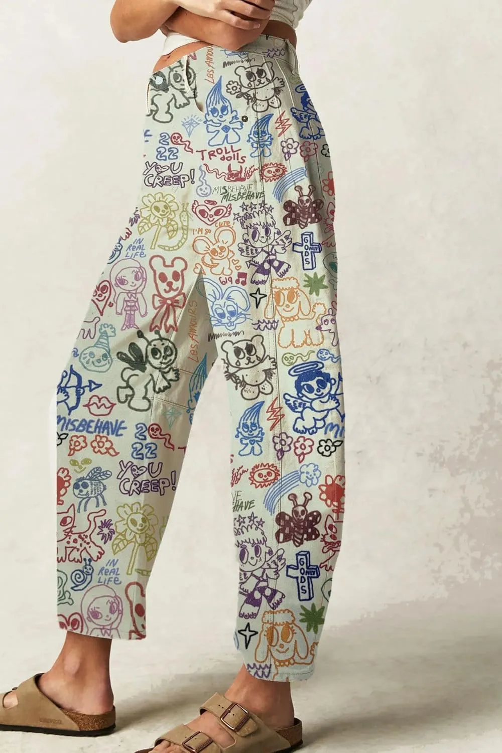 chouyatou Women's Y2k Baggy Wide Leg Denim Pants Boho Floral Printed Boyfriend Barrel Jeans with Pockets