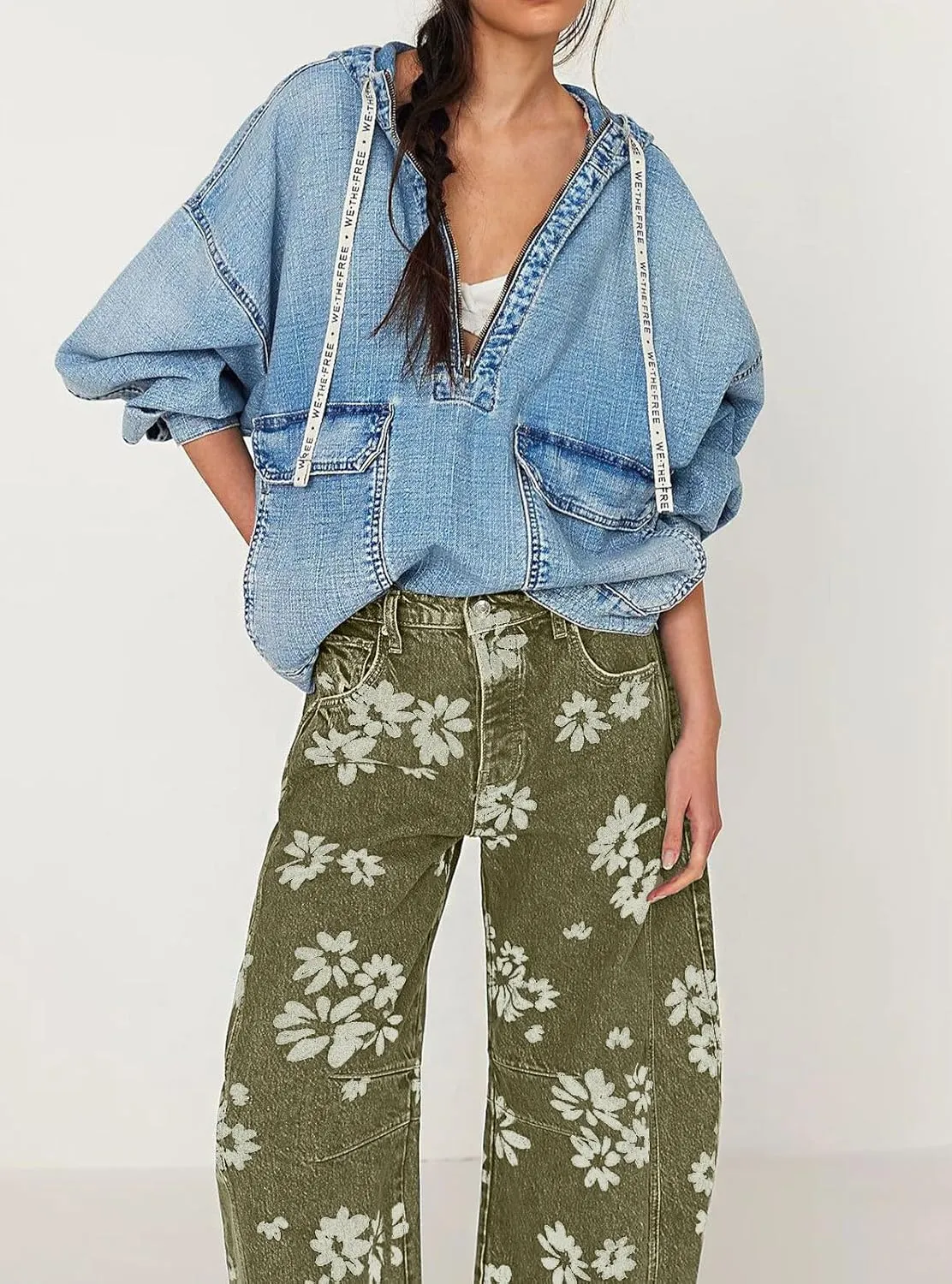 chouyatou Women's Y2k Baggy Wide Leg Denim Pants Boho Floral Printed Boyfriend Barrel Jeans with Pockets