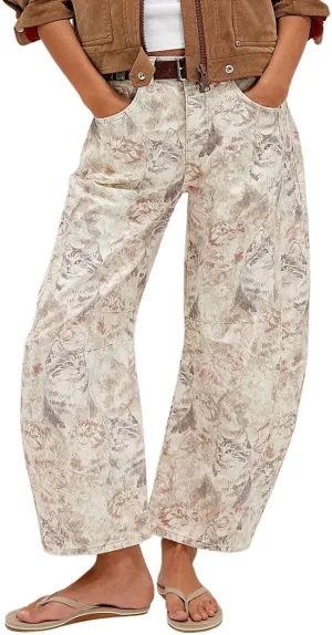 chouyatou Women's Y2k Baggy Wide Leg Denim Pants Boho Floral Printed Boyfriend Barrel Jeans with Pockets