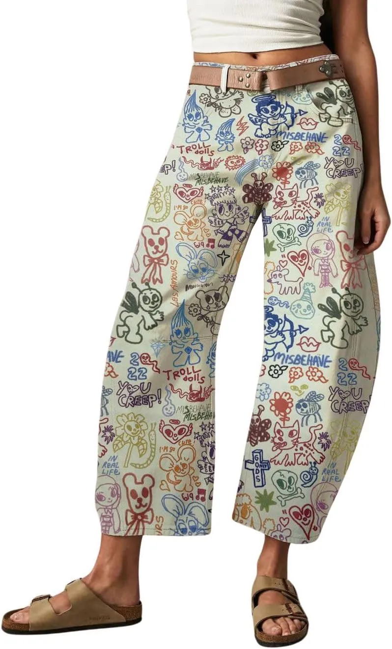 chouyatou Women's Y2k Baggy Wide Leg Denim Pants Boho Floral Printed Boyfriend Barrel Jeans with Pockets