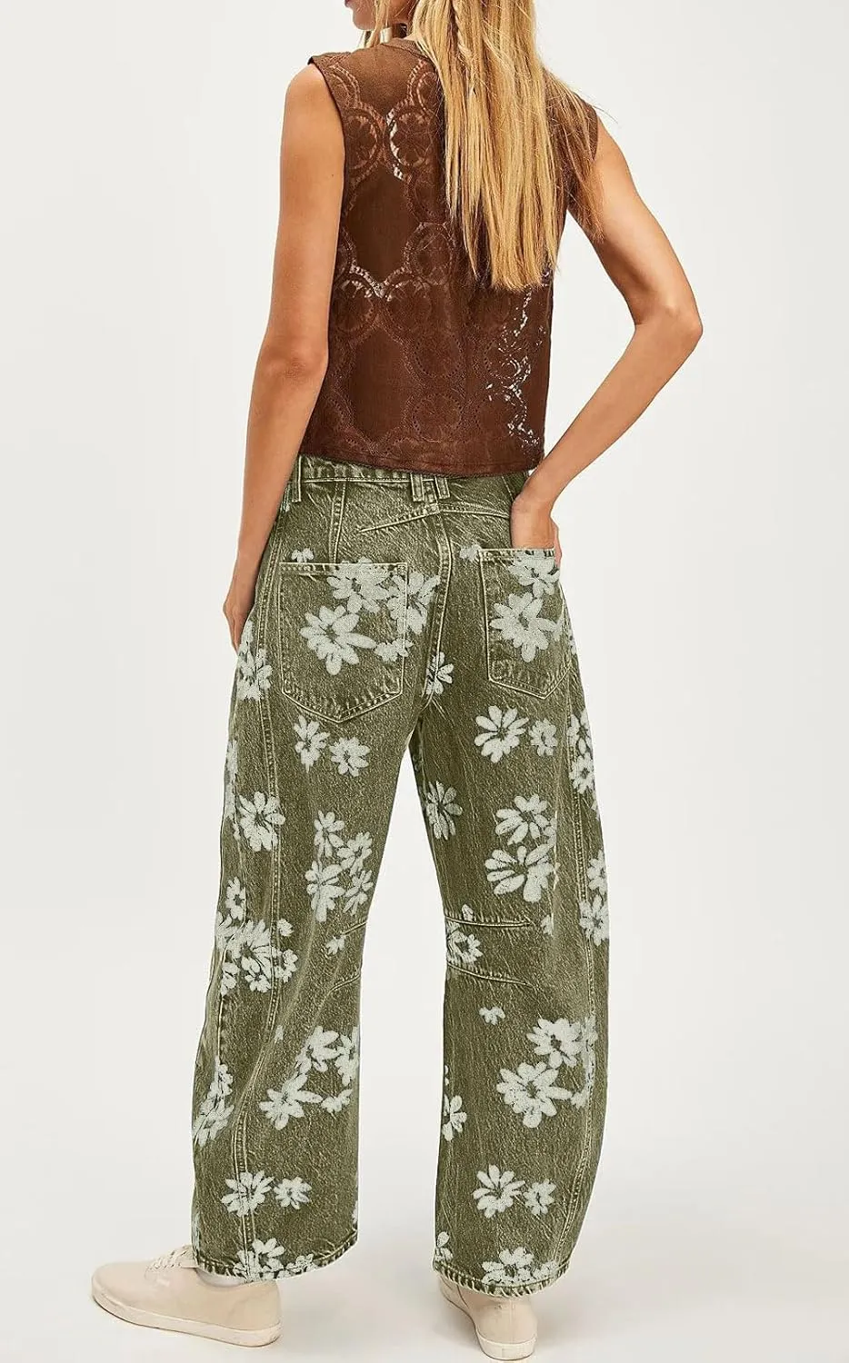 chouyatou Women's Y2k Baggy Wide Leg Denim Pants Boho Floral Printed Boyfriend Barrel Jeans with Pockets