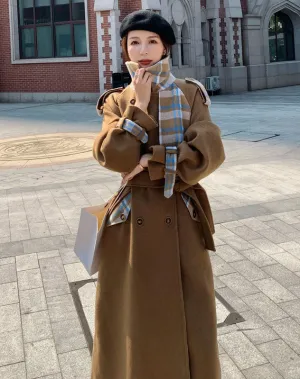 Contrast Plaid Over The Knee Woolen Women's Coat